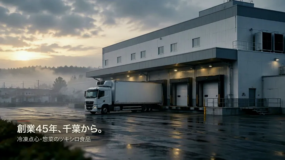 完成動画の4.0秒。工場の外観に見出し「創業45年、千葉から。」