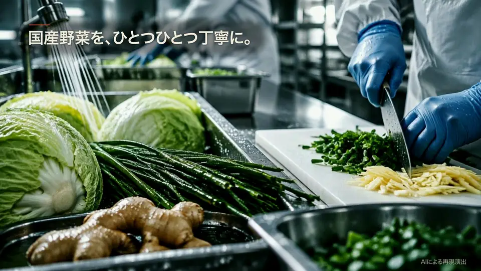 完成動画の15.4秒。野菜を刻む手元に見出し「国産野菜を、ひとつひとつ丁寧に。」