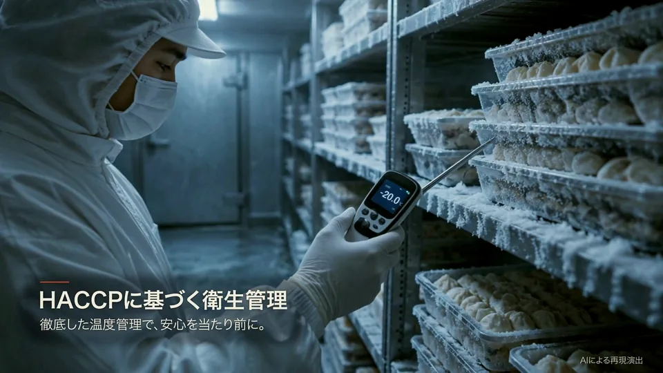 完成動画の20.5秒。冷凍庫で温度計を確かめる場面に見出し「HACCPに基づく衛生管理」