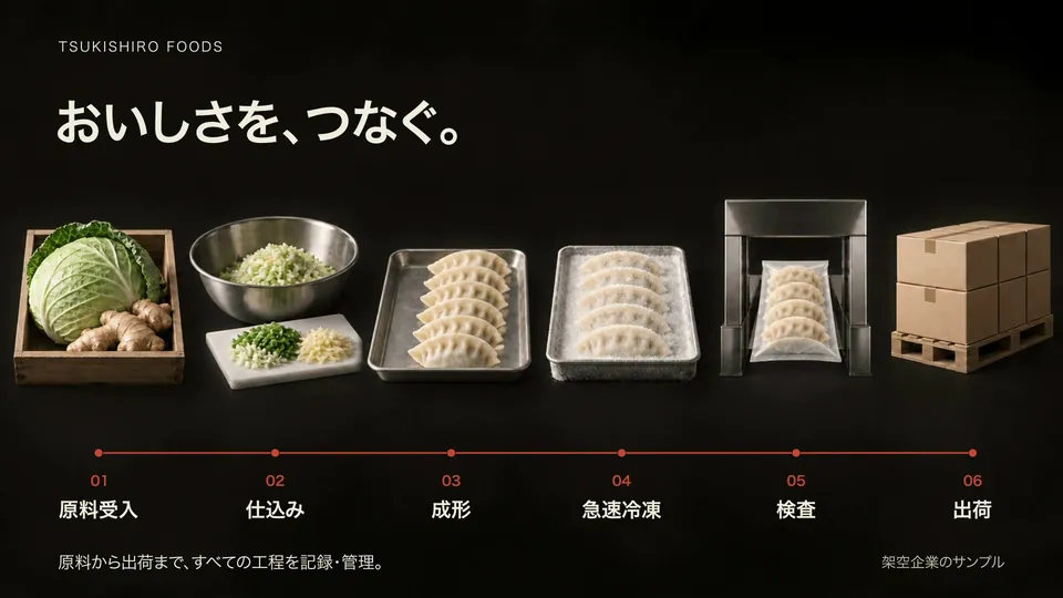 完成動画の28.6秒。工程の図解「おいしさを、つなぐ。」原料受入から出荷までの6段階