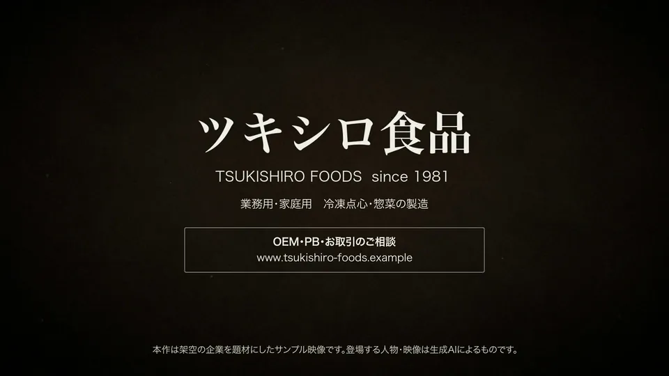完成動画の59.5秒。エンドのロゴと事業内容、架空の問い合わせ先
