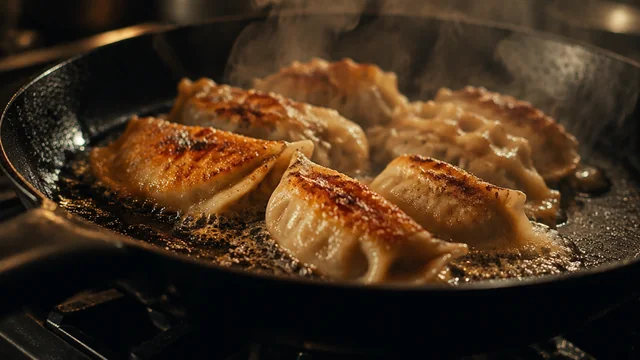 フライパンで焼き色のついた餃子の写真（サンプル用の想定素材）